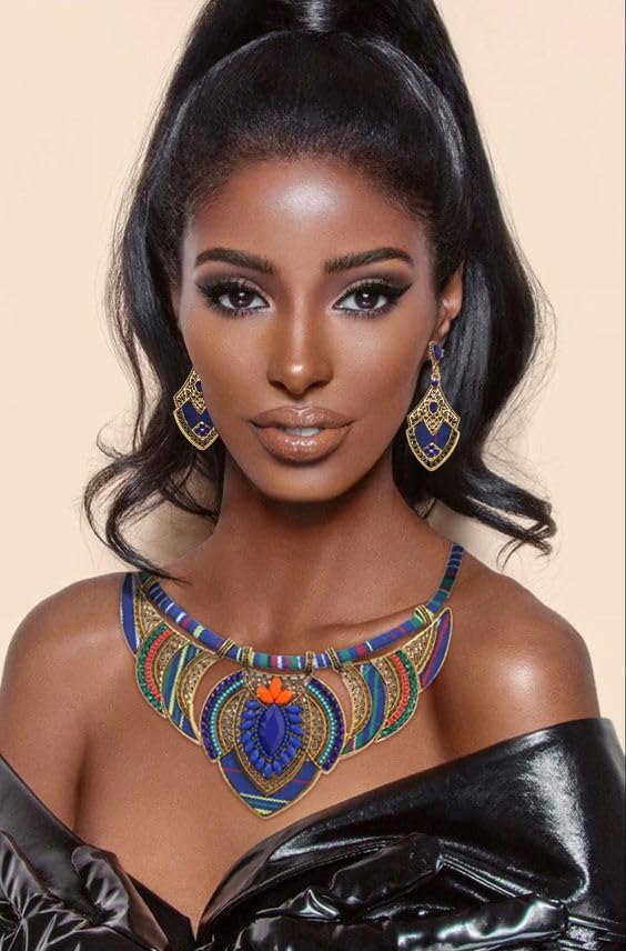 African Jewelry Sets for Women Boho Tribal Retro Statement Choker Necklace and Dainty Dangle Earring Set Multicolor Ethnic Style Chunky Bib Collar Costume Jewelry Accessories for Women - Image 2