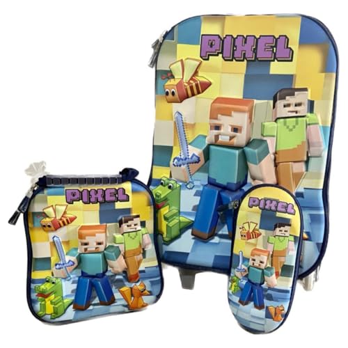 Kit De Mochila Escolar Infantil Masculina Pixel Craft Game 3D Com Rodinhas Triplas Em Silicone Acompanha Lancheira e Estojo Resistente Impermeavel