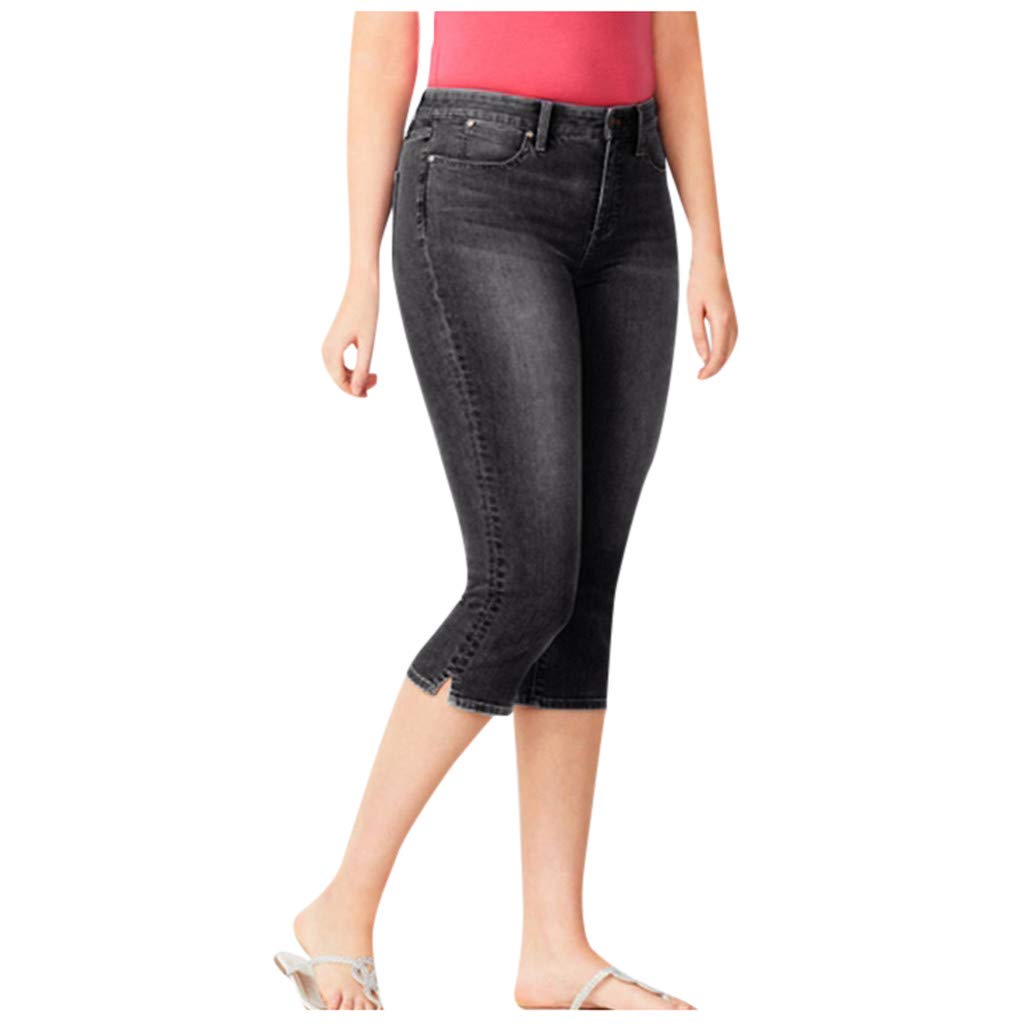 Women's Black Cropped Jeggings For Capri Stretchy Jeans Denim Legging Three Quarter 3/4 Length Cut Off Trousers High Waist Slim Hight Calf Plus Size Pants Petite Pedal Pushers