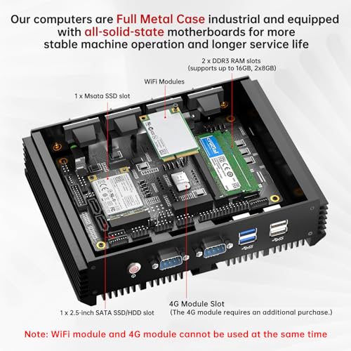 Image of Industrial Mini PC, Desktop Fanless Computer Core i7-5500U 2.4-3.0GHz, Windows 10 Pro, 16G RAM, 512G SSD, Dual LAN, 6xCOM RS232, 4xUSB 3.0, HDMI /VGA Ports, Auto Power On, Full Metal Case