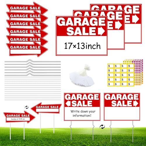 Garage Sale Signs Kit (14Pack)-17x13 Inch Large Garage Sale Sign with Metal Stakes Double Sided Yard Sale Signs Garage Sale Supplies Includes 440 Pricing Labels 6 Arrow Signs & 100 Blank Price Tags