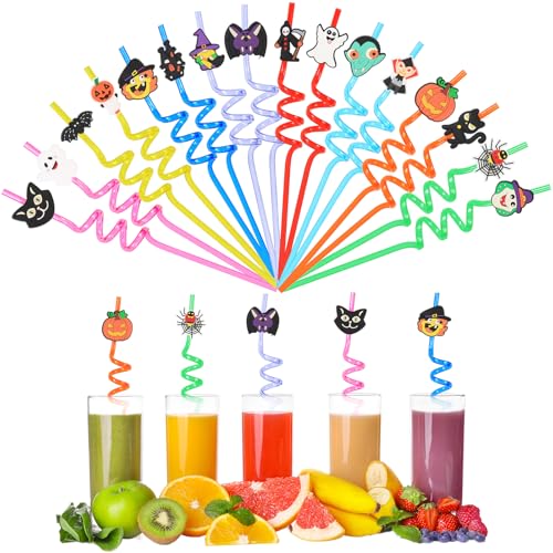 32 pajitas de Halloween con motivos de dibujos animados, pajitas de plástico reutilizables para niños con decoración de dibujos animados para niños, accesorios para fiestas de monstruos