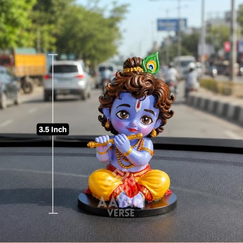 Image of Balroop Blessings Natkhat Krishna Murti for Car Dashboard | 3.5 Inch Cute Laddu Gopal Idol | Premium Hand-Painted UV Resin Murti | Home Temple, Office & Gift