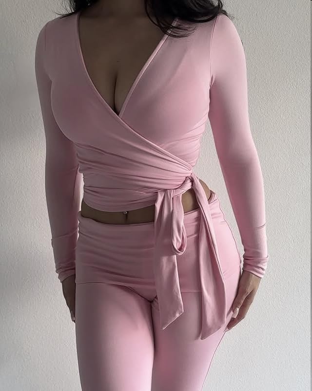 Women Y2k Long Sleeve Wrap Crop Top Ballet Pilates Workout Yoga Tie Front Shirts V Neck Slim Fit Wrap Corset Tops - Image 4