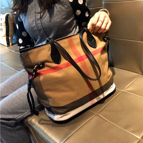 Spacious Large Capacity Luxury Women's Chequered Cross-Body Bag Canvas and Faux Leather Commuter Travel Tote3