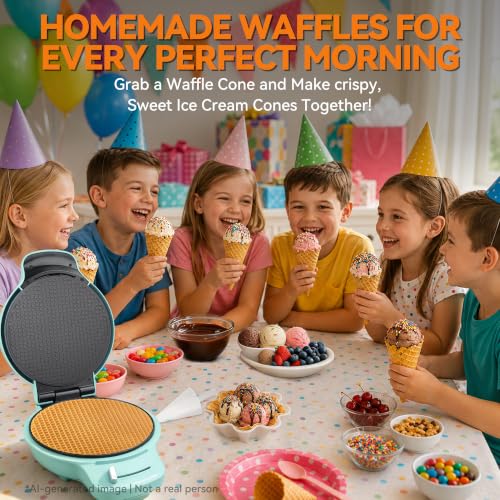 Image of Baker's Friend Waffle Cone Maker Machine with Browning Control, 7.5 inch Ice Cream Cone Maker, Cone Roller & Bowl Press Included,Thin Waffle Maker Crispy, Nonstick Waffle Bowl Maker,Aqua
