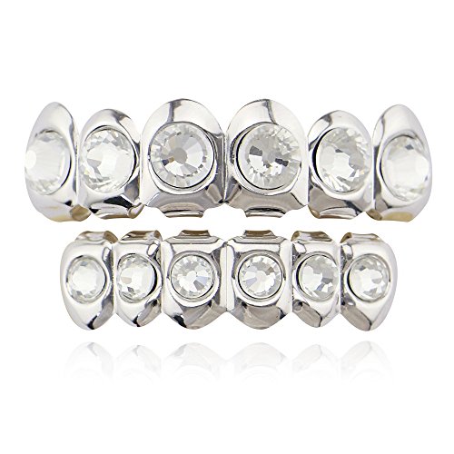 OOCC 18k Gold Plated Iced Out Grills with Diamond Hip Hop Teeth Grillz Caps Top and Bottom Set for Your Teeth (Silver)