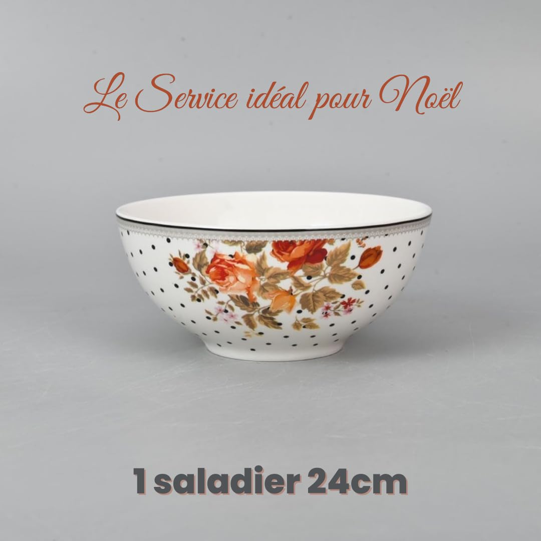 Service de table de Noël complet en porcelaine pour 6 personnes - 26 pièces : 6 grandes assiettes, 6 trous, 6 bols, 1 assiette de viande, 1 saladier