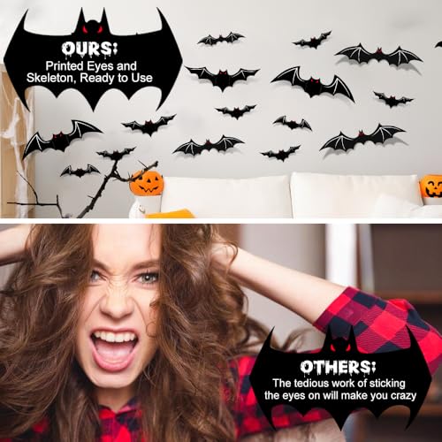 AKEROCK Halloween Decorations - Indoor 3D Bats with Glow in The Dark Eyes & Skeleton, 3 Styles, 3 Sizes Each, Includes 136 Pcs of Tape