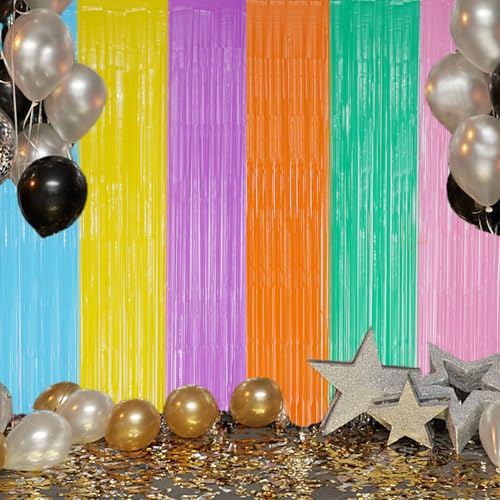 Image of DECOCKRAT 2 Pack Foil Fringe Backdrop - Pastel Combo Rainbow Shiny Tinsel Curtains for Party Decoration /Photo Booth Props - 3.3x6.6 FT Metallic Foil Backdrop for Birthday /Wedding /Graduation /Christmas