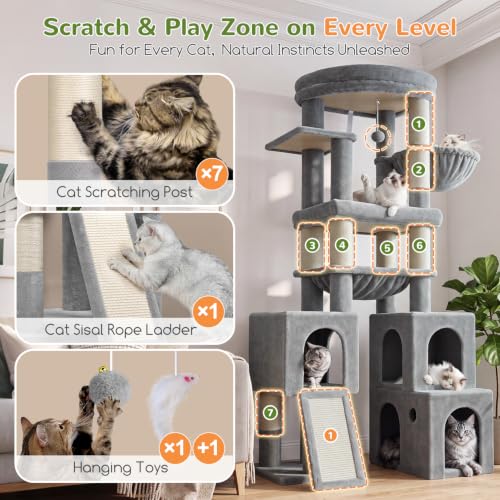 Image of Globlazer Tall Cat Tower for Indoor Adult Cats, 72-inch, S72G, Light Grey | Heavy Duty Cat Tree House for Big Cats with 2 Extra-Large Padded Platform, 7 Sisal Scratching Posts, 3 Large Condos
