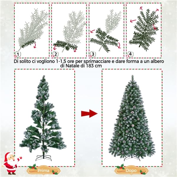 Yaheetech Albero di Natale 183 cm Artificiale Innevato con Pigne 920 Rami Incernierati Effetto Realistico con Supporto Metallo Pieghevole Decorazioni Natalizie