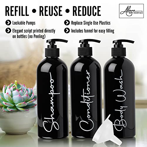 Image of Alora Reusable Shampoo and Conditioner Bottles - Set of 3 - Matte Black - Permanent Stylish Labels - 16oz Pump Bottle Dispenser for Shampoo, Conditioner, Body Wash - Plastic Refillable Containers