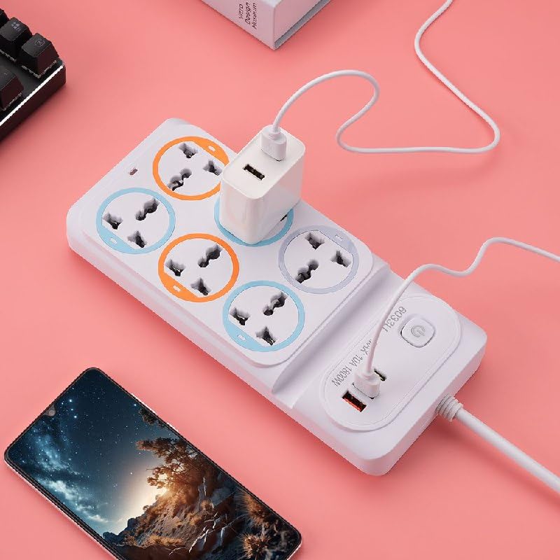 Image of Power Strip with 6 Universal Sockets with Child Security + 2 USB Ports + 1 Type-C Port, High Temperature Fuse Protector, 1800W with 2 Meter Cable(2 USB 6 Plug New White)