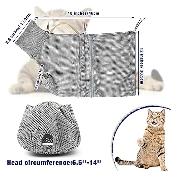 2 Pieces Cat Grooming Washer Mesh Bag Cat Muzzles Breathable Mesh Muzzles Adjustable Kitten Scratch Resistant Kitty Restraint Clothes Kitty Bath Bag for Bathing Nail Trimming Feeding(Gray)-mcVEzze9