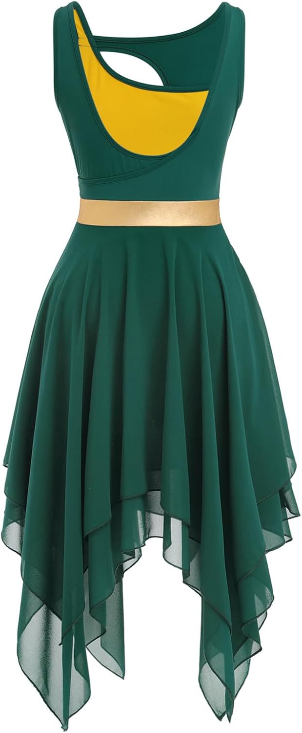 ODASDO Lyrical Dance Costumes for Women Contemporary Dancewear Sleeveless Cut Out Front Mesh Tulle Maxi Dress XS-XL