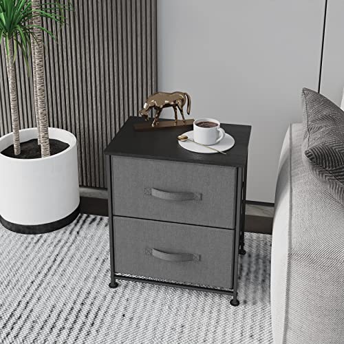 Sehloran 2 Storage Dresser End/Side Table Night Stand, Small Dresser Organizers Unit, Drawer Dresser For Bedroom, Living Room, Closet, Easy Pull Removable Fabric Bins, Wood Top, Gray #TOP6