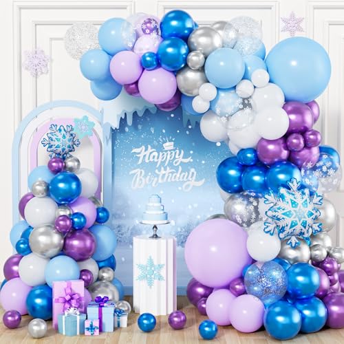 Ousuga Ballons Bleu Violet Blanc, 120 Pièces Ballons Frozen avec Impression Flocon De Neige Confettis - pour Fille Frozen Anniversaire Baby Shower Baptême...