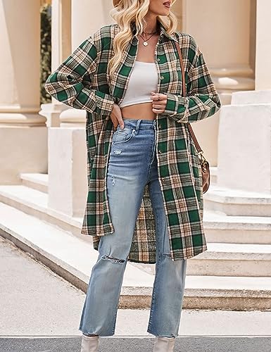 Bozanly Oversized Mid Long Plaid Flannel Shirts for Women Lapel Long Sleeve Check Blouse with Pockets2