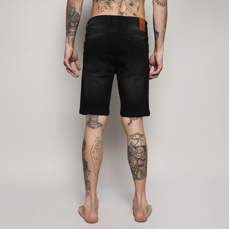 Image of CAHOOT Men's Side-Striped Denim Shorts for Casual Wear | Dark-Wash | Regular Fit | Button Closure | Denim Shorts Crafted with Comfort Fit for Everyday Wear