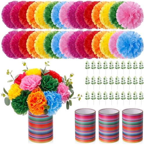 FineCheer 3 Sets Mexican Table Decorations Fiesta Centerpieces with Artificial Marigold Flower Eucalyptus Aztec Stripe Flower Vase for Mexicanos Cielito Lindo Cinco De Mayo Party