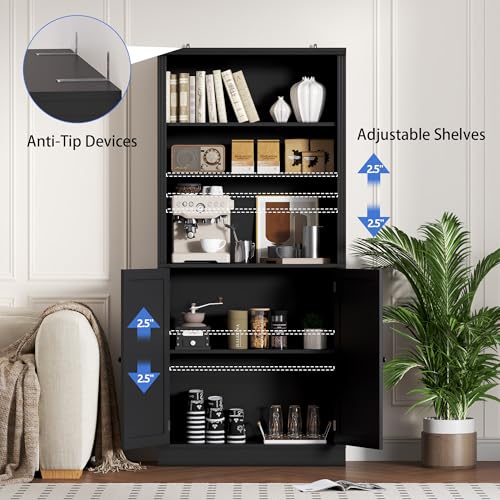 Image of BORNOON 70.1 inch Tall Bookshelf with Cabinet, 5-Tier Floor Standing Bookcase with Doors & Adjustable Shelves, 31.5 inch Wide Storage Shelf, Metal Handles, Modern Organizer for Home Office, Living Room