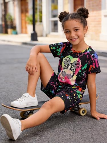 Image of OLMRJKD Kid Toddler Girl Clothes Summer Short Sleeve Figure Graphic Tee Shirt + Shorts Summer Outfits Set