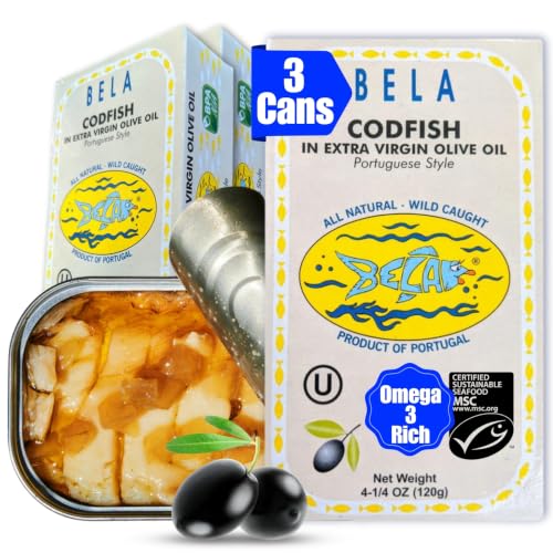 Image of BELA Wild Caught Portuguese Style Codfish - Canned Cod In Extra Virgin Olive Oil | 4.25 Oz (Pack of 3) | All Natural, High Protein, Hand Selected, Sea Salted, & Omega 3 Rich