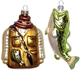 2pcs Hand Blown Glass Fishing Ornaments for Christmas Tree, Glass Fishing Vest Ornament and Bass Fish Ornaments for Christmas Tree