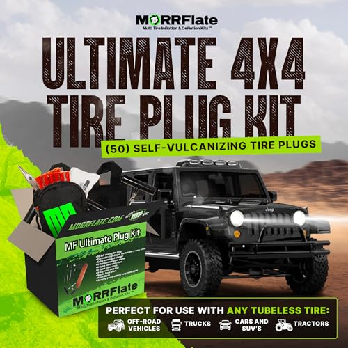 Image of MORRFlate Ultimate 4x4 Tire Plug Kit Heavy Duty Professional Off-Road Tire Repair Kit Includes 50 Vulcanizing Plugs, All-Metal Tools, 4 Replacement Valve Stems, Rip-Away Molle Bag and Accessories