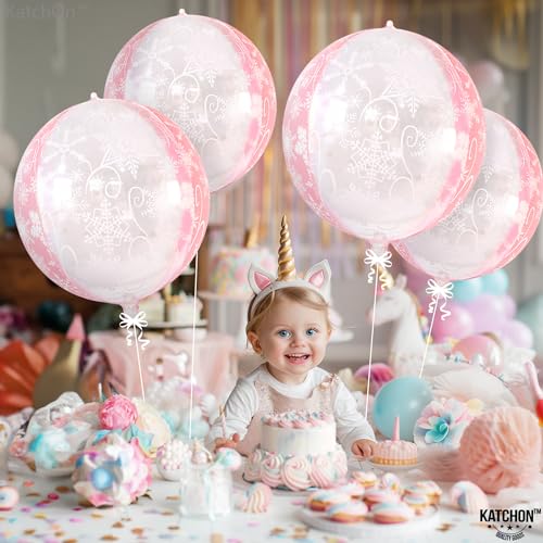 Image of KatchOn, Huge 22 Inch Pink Snowflake Balloons - Pack of 6 | Mylar Snowflake Balloon, Pink Snowflake Decorations | Birthday Decorations For Women | Baby Shower, Princess Birthday Decoration