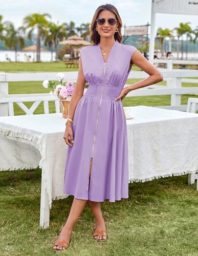 Image of GRACE KARIN Womens Summer Casual Dress, Business Office Work Dresses, Cap Sleeve Zipper Front Flowy Midi Dress with Pockets