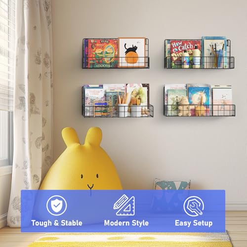 Image of MFTEK Wall Mounted Metal Kids Bookshelf - Wall Book Shelf for Kids Rooms, Hanging Book Shelves Organizer for Room Decor, Nursery Classroom Home Floating Bookshelves Gloss Black 4 Pack