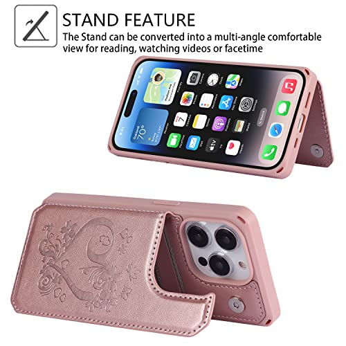 Image of Cavor for iPhone 14 Pro Case with Card Holder,for iPhone 14 Pro Wallet Case for Women Men,Phone Case for iPhone 14 pro with Stand Credit Card Holder, Leather Strap Shockproof Cover- Rose Gold