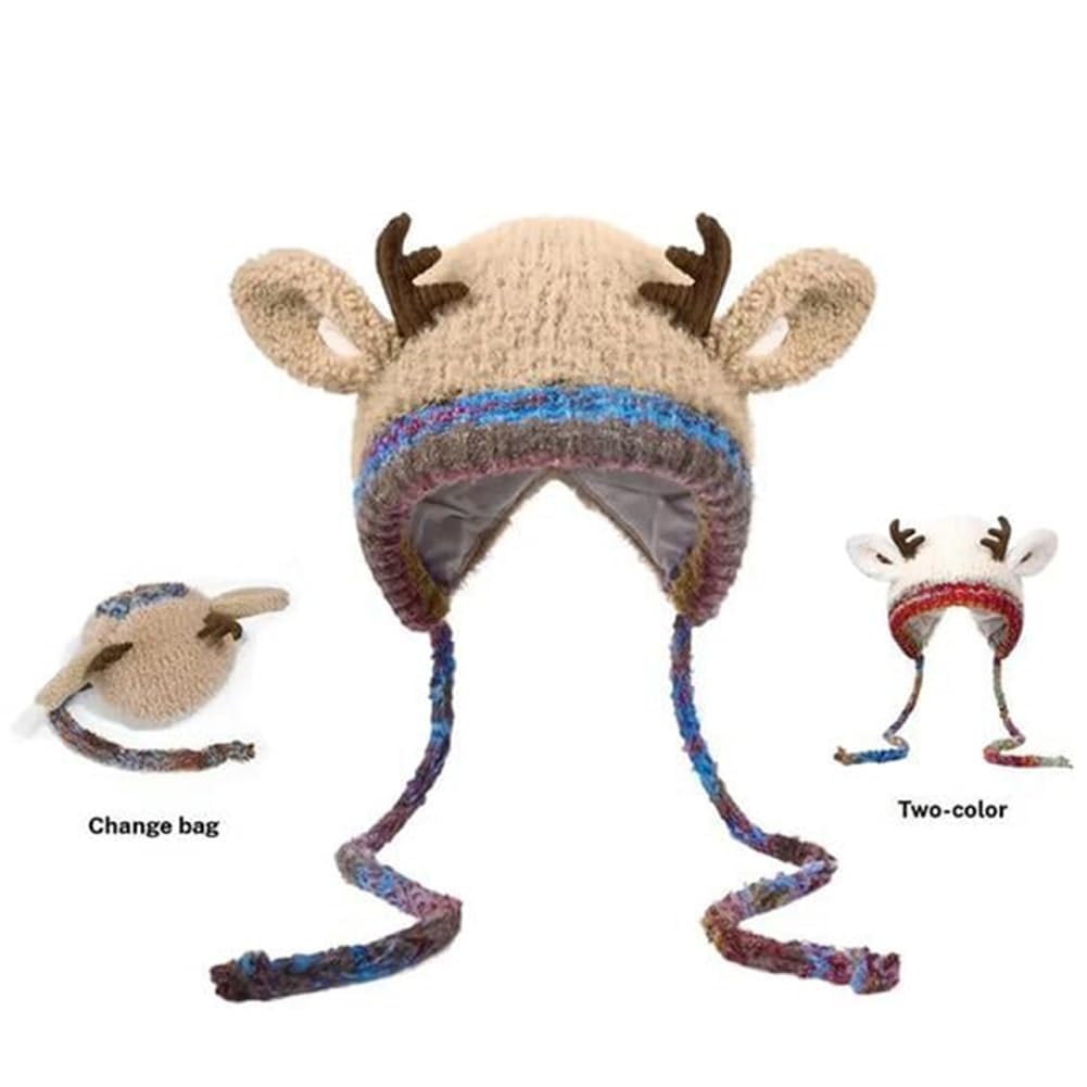 Generisch Cappello creativo 2 in 1 con corna, cappello natalizio lavorato a maglia con renna, caldo, pieghevole, con paraorecchie in peluche