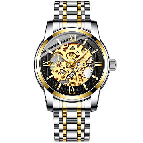 Original Mens Watches Skeleton Mechanical Watches for Men Automatic Slef-Wind Wrist Watch Luxury Stainless Steel Watch, Luminous Dial, 30M Waterproof (Gold Black)