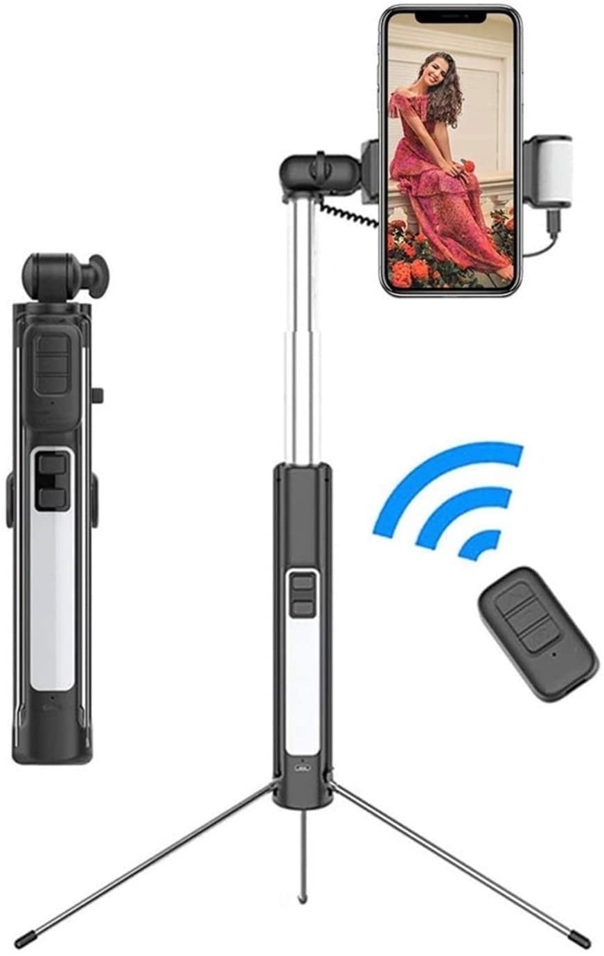 Selfie Stick & Tripod Integrado, Profesional de Todo en uno portátil, Aluminio de Servicio Pesado, Remoto Bluetooth, Pies de trípode sin patrón (Color : Black)