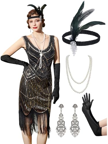 YESSA 20er Jahre Kostüm Damen Gatsby Kleid Damen,1920er Kleider Mit Accessoires Charleston Kleid 20er Jahre