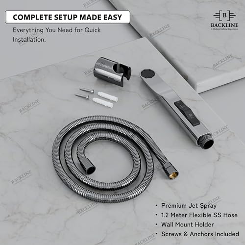 Image of Backline Jet Spray for Toilet with 1.2 Meter Hose Pipe & Wall Hook | ABS Health Faucet Hand Gun for Bathroom | Water Saving Handheld Bidet Sprayer for Toilet Hygiene (Chrome Finish)