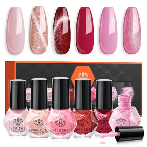 Modelones 6 PCS Schnelltrocknender Nagellack - Pink Rot Cat Eye Glitzer, Ungiftig Auf Wasserbasis, Langanhaltend für DIY Salon - Geschenk für Frauen Mädchen