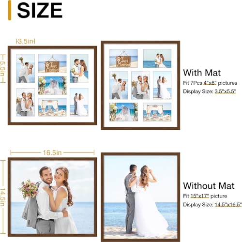 decorUhome 15x17 Picture Frames Collage Wall Decor, Display 7Pcs 4x6 Photos with Mat or 1Pcs 15x17 Unmatted, 7 4x6 Collage Picture Frames for Wall Mounting, Brown