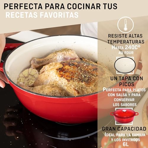 Miniatura 3 de Veohome Cazuela De Hierro Fundido Rojo 6 Litros Óvalo - Olla De Hierro Fundido Compatible Con Inducción Y Todas Las Fuentes De Calor. Guiso Versátil