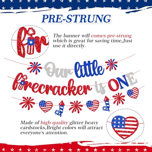 Image of Our Little Firecracker is One Banner 4th of July 1st Birthday Party Decorations for Kids Boy Girl Independence Day First Bday Party Supplies