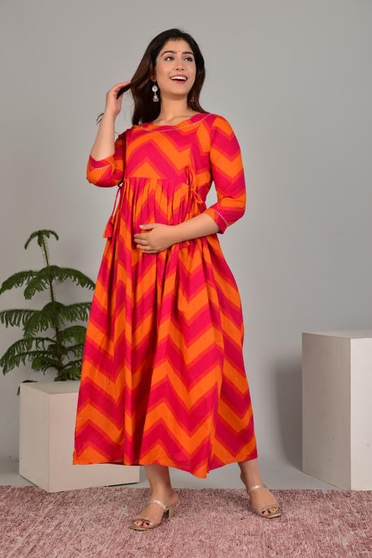 Image of Women's Pure Cotton Printed Maternity Gown /Maternity wear /Feeding Gown A-line Maternity Feeding Dress Maternity Kurti Gown for Women