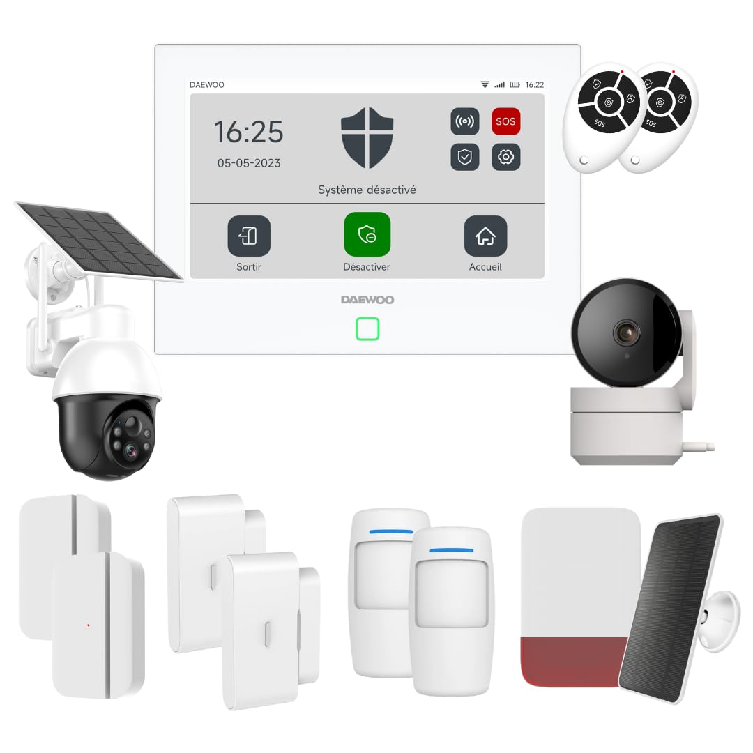 Daewoo Alarmanlage, WiFi/GSM Touch, 7 Zoll (17,8 cm), AM501L, kabelloses und ohne Abonnement, Tierfreundlich, Detektoren inklusive + Überwachungskamera, Full HD, Mobile App inklusive
