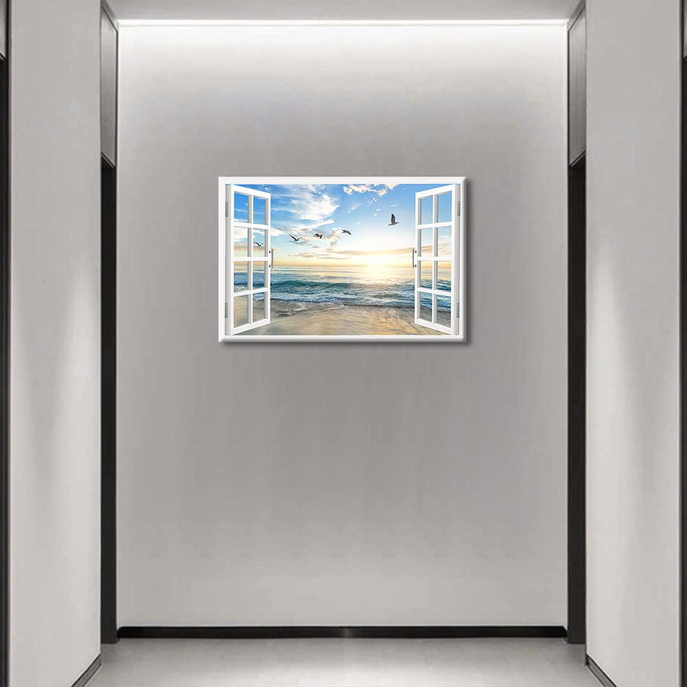 TISHIRON Beach View 3D Window Effect Canvas Art Sunset Beach Blue Ocean Art Large Modern Artwork Canvas Prints for Living Room Office Bedroom Posters Prints Framed Ready to Hang - Image 4
