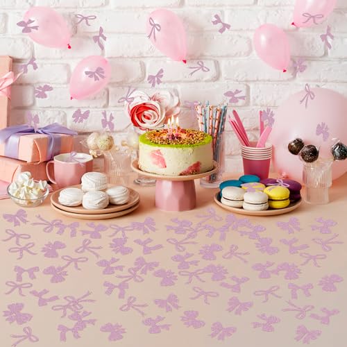 Image of BeYumi Pink Bows Table Confetti - 300Pcs Back to School Coquette Pink Bows Table Decorations Glitter Girl Bow Theme Paper Confetti Decor Birthday Bridal Baby Shower Wedding Bachelorette Party Supplies