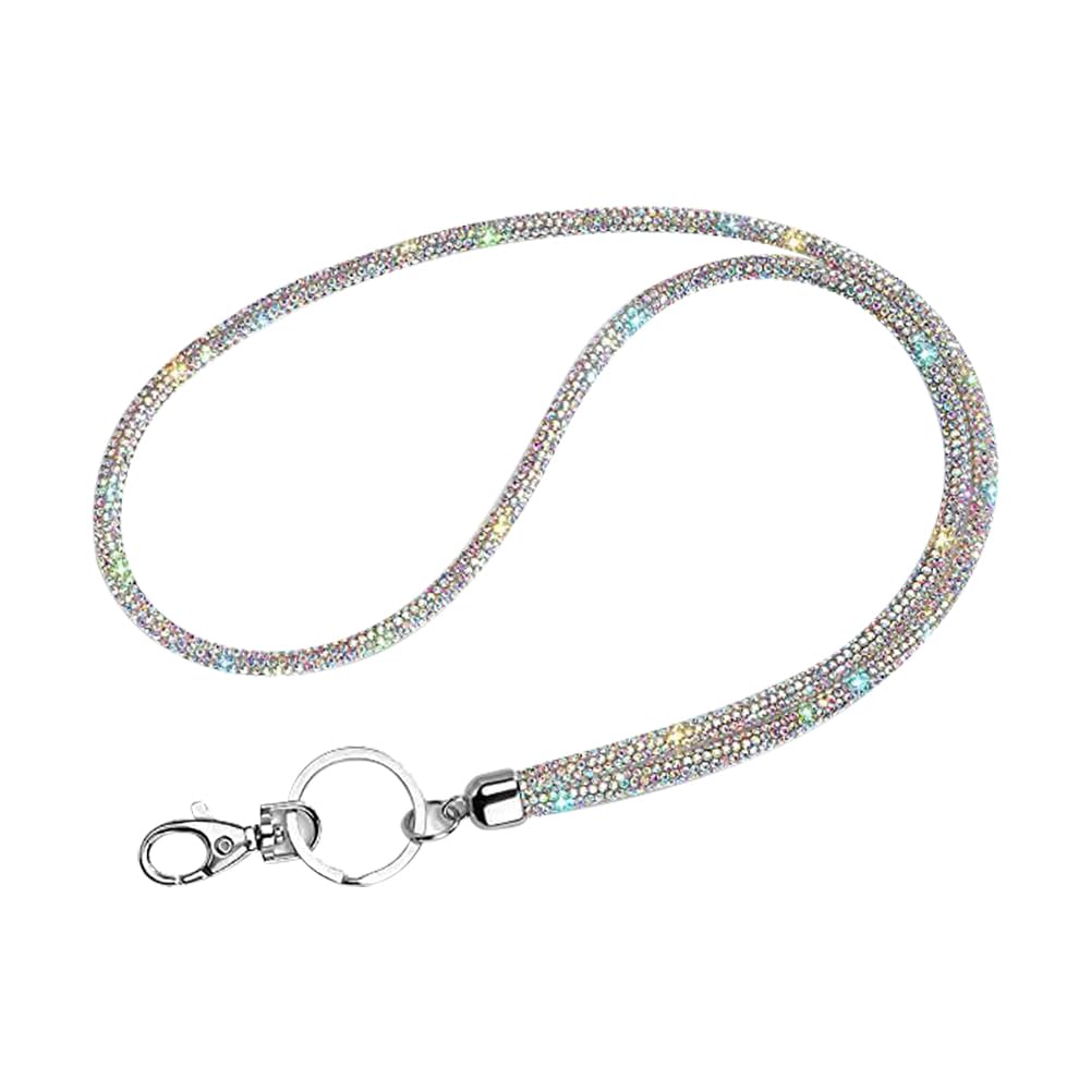 FSSTUD 80cm Rhinestone Key Lanyard Bling Badge Neck Strap Shiny ID Card Holder Glitter Crystal Lanyard with Metal Clasp for Office School AB Color