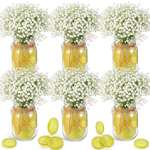 Suncalla 49 Pcs/6 Set Lemon Table Centerpiece Baby Breath Mason