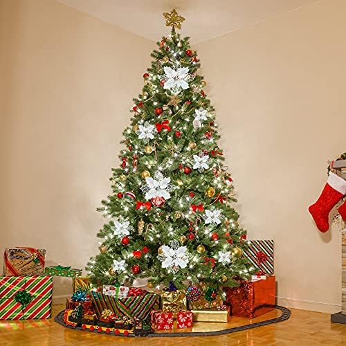 MCEAST 24 Pieces Christmas Artificial Poinsettia Flowers with 24 Clips Glitter Christmas Flower for Christmas Tree Ornaments Xmas Wedding Party Decor, White